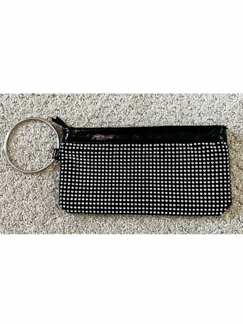 Black Patent Leather Rhinestone Bling Clutch Handbag Silver Biker Moto Wristlet